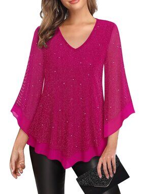 Women's Mesh Shirt Red Double Layer Ruffle 3/4 Flared Sleeve Blouse Tunic Top